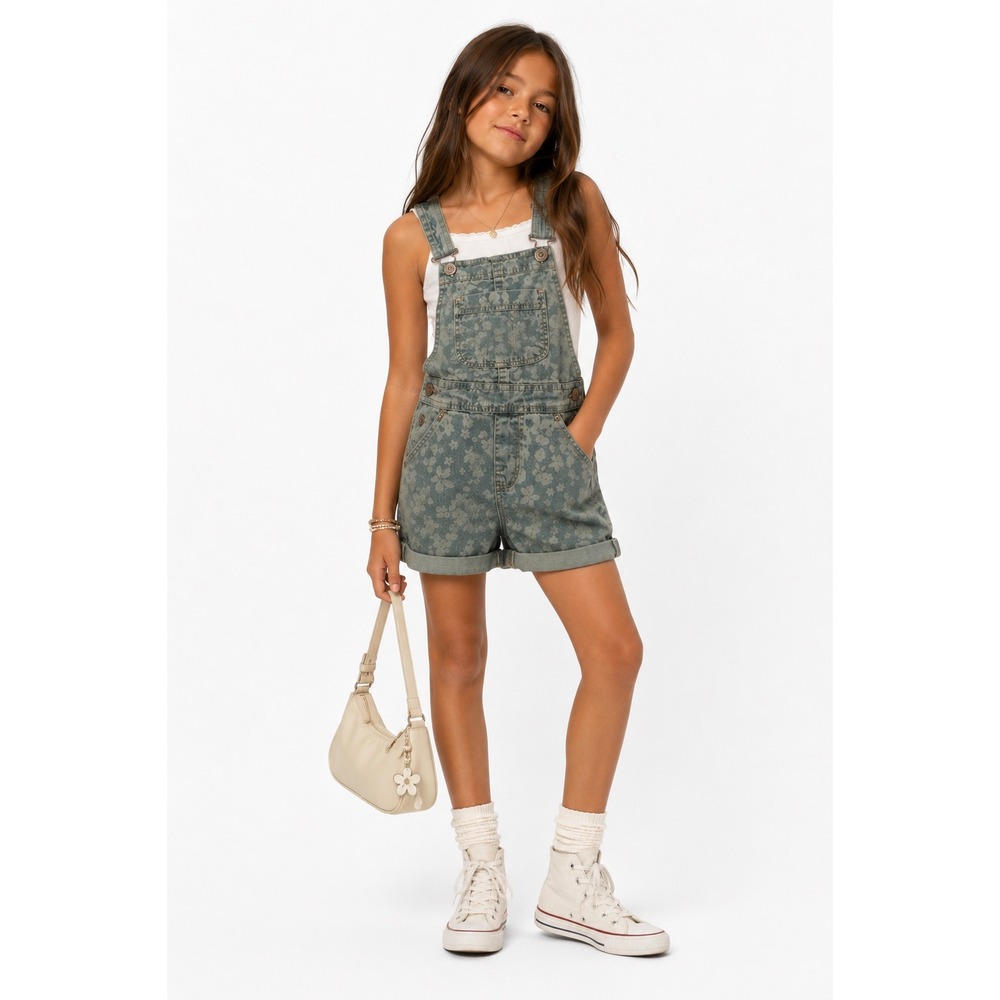 Jordache Denim Overalls Kids Size 4-5 Blue Floral Print Shortalls Cottagecore